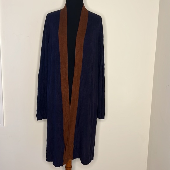 EILEEN FISHER Navy Blue Brown Trim Tencel Silk Knit Open Long Cardigan L - Picture 6 of 9